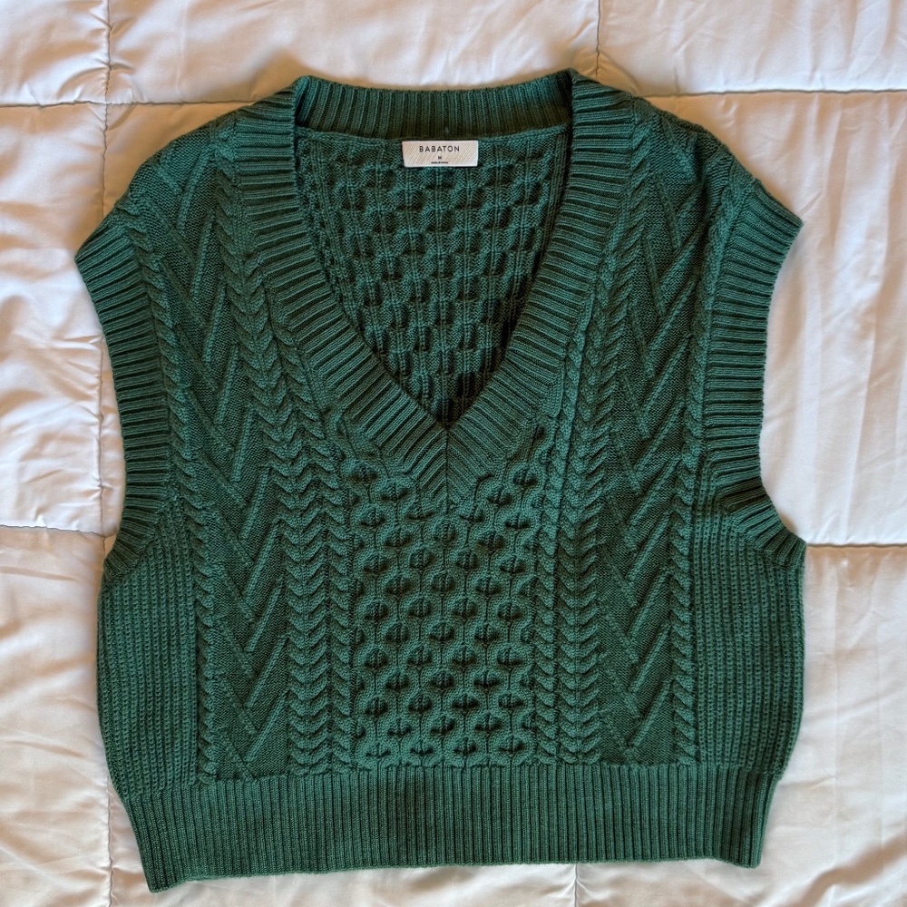 Babaton Forest Green Merino Wool Cable Sweater Vest NWOT
